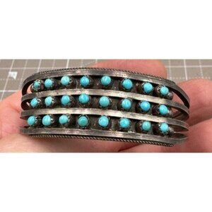 Vintage Zuni Style Sterling Silver Turquoise Row Cuff Bracelet 20.2g